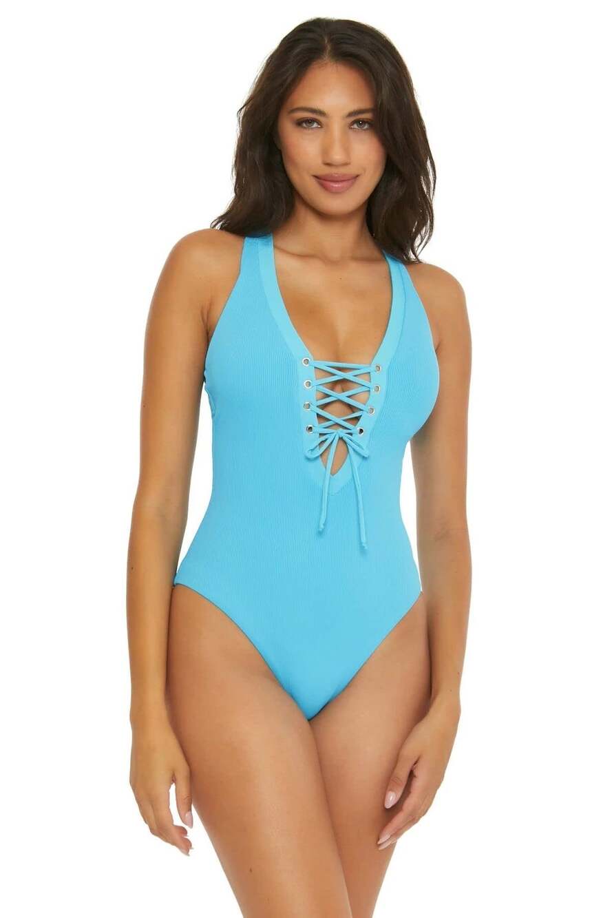 Becca Gia Waterfall Blue Strappy Lace Up Plunge One Piece Swimsuit Size Large